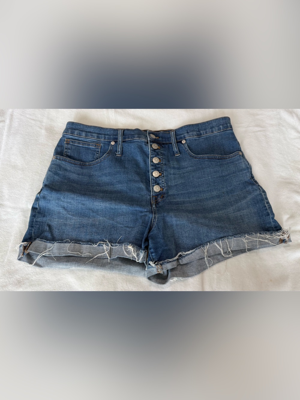 Madewell Blue High-Rise Button-Fly Denim Shorts with Frayed Hem